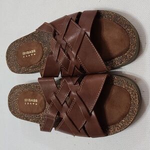 GH Bass Womens Brown Leather Sandals Slip-ons Woven Straps Cushioned Sz 7.5 EUC